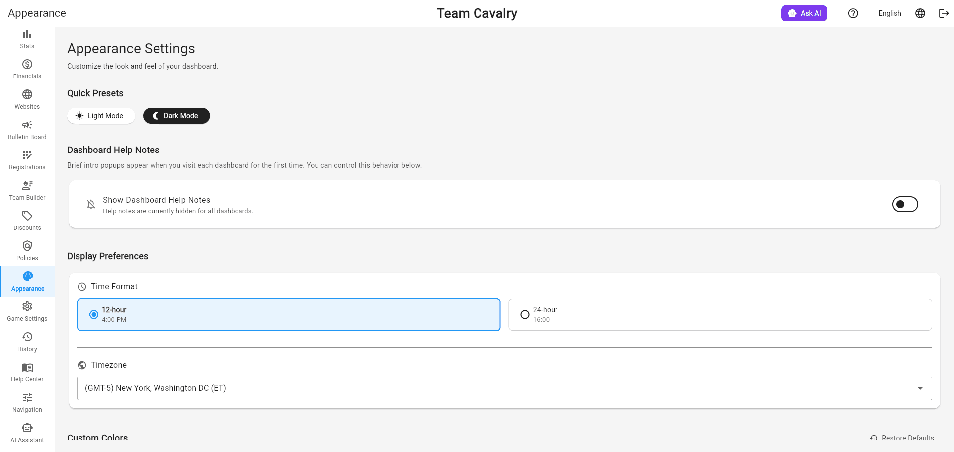 Admin Dashboard Appearance