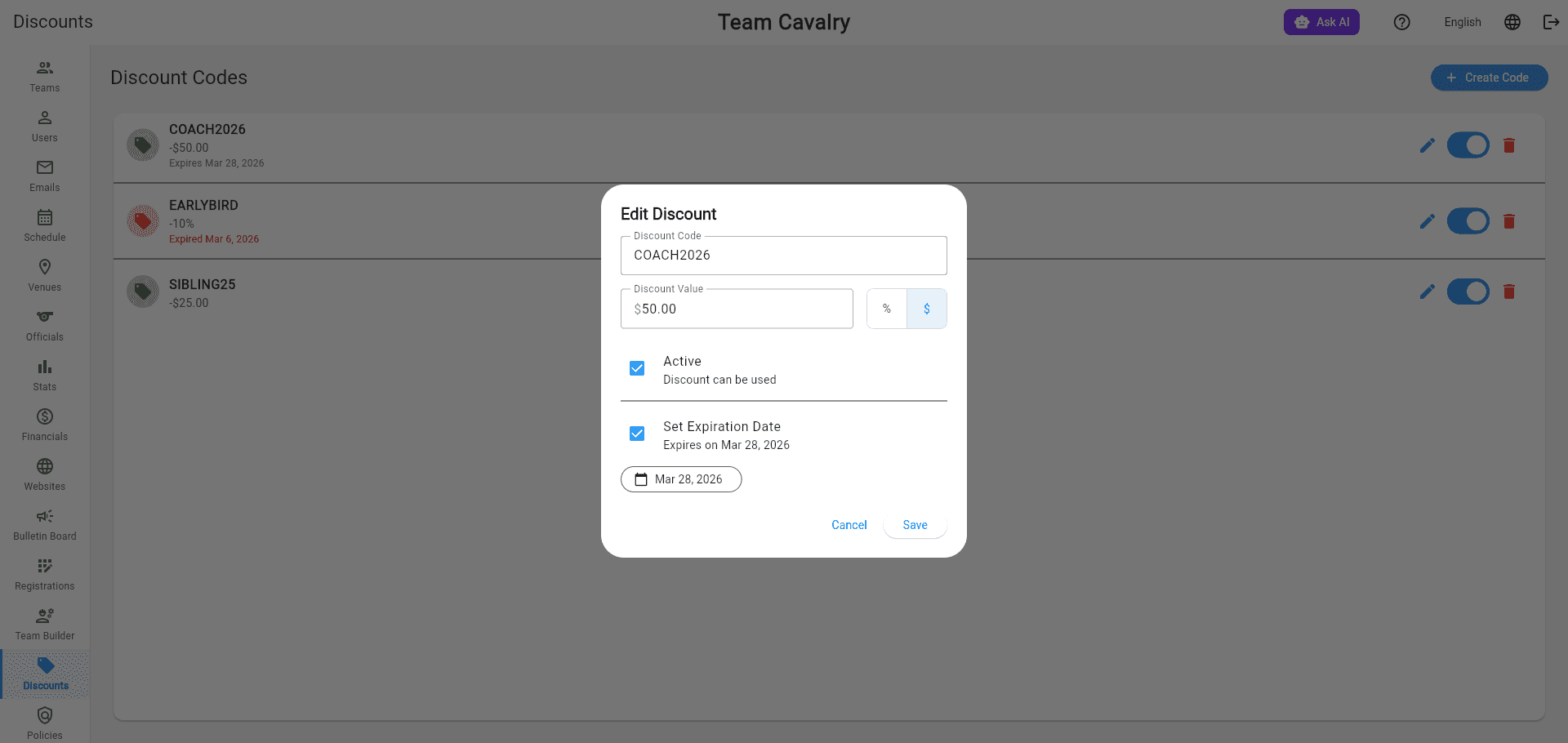 Discount Code Management