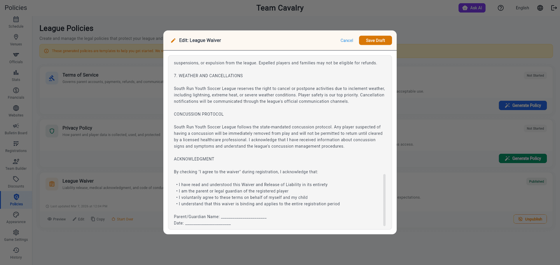 League Waiver with Mandatory Signing