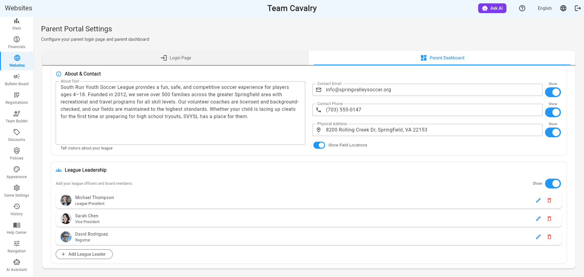 League Info, Contact & Leadership