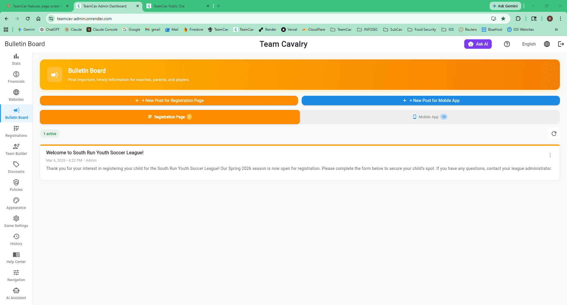 Registration Portal Bulletin Board