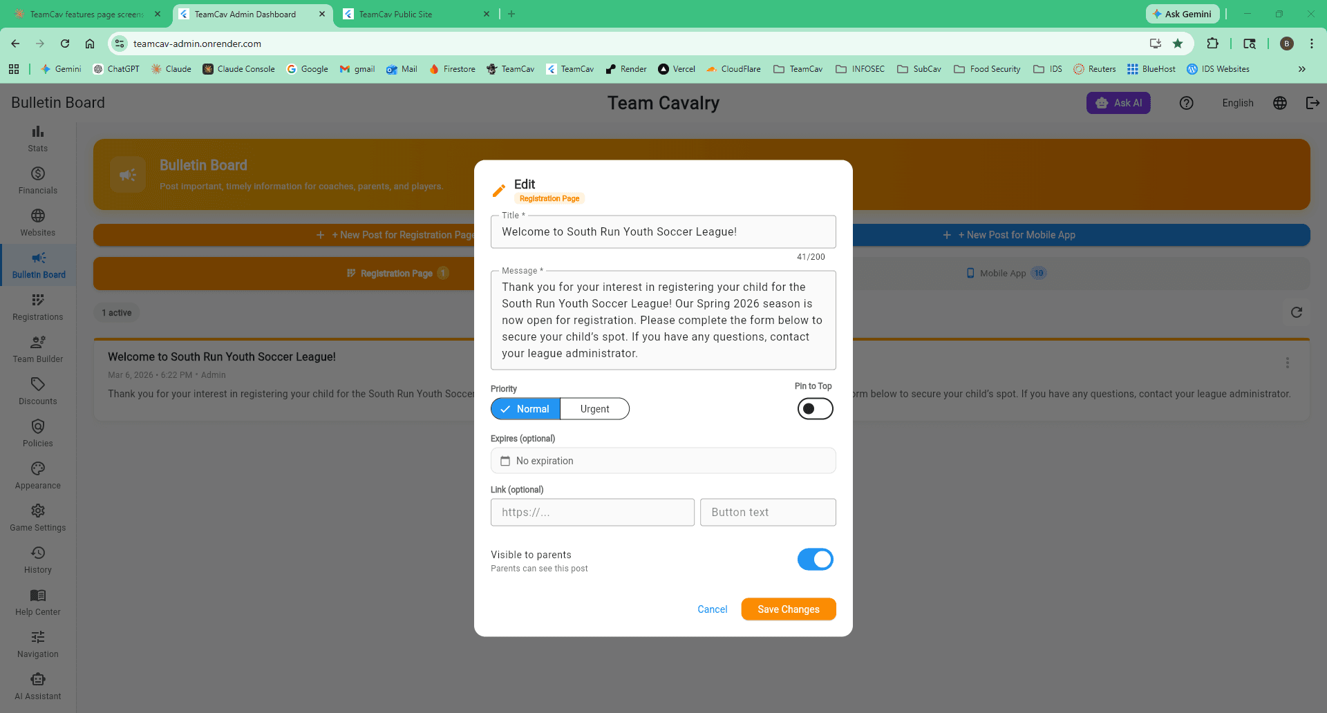 Registration Portal Bulletin Board