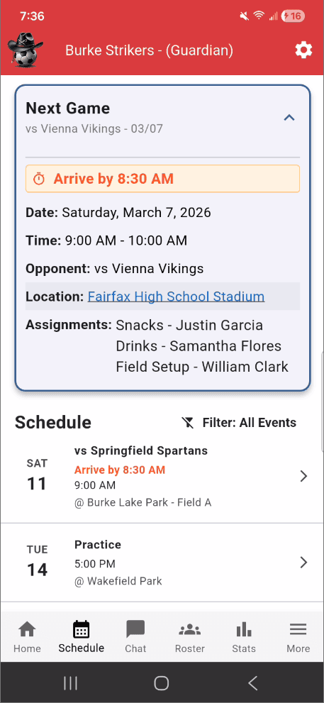 Next Game Card & Mobile Schedule