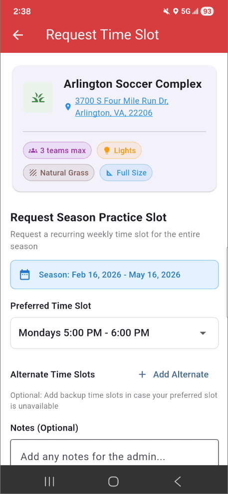 Season Practice Slot Requests
