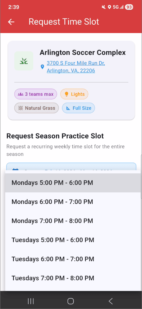 Season Practice Slot Requests