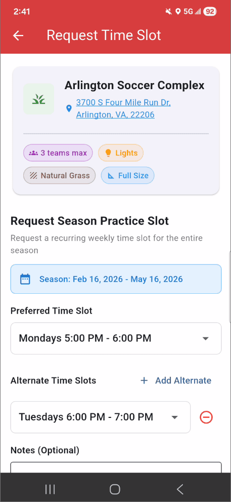 Season Practice Slot Requests