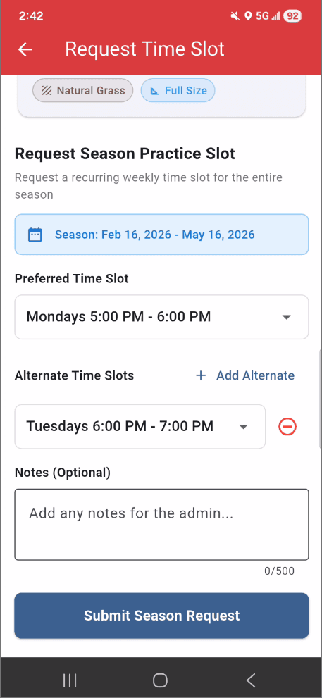 Season Practice Slot Requests