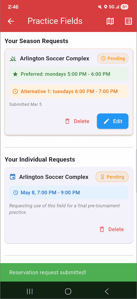 Season Practice Slot Requests